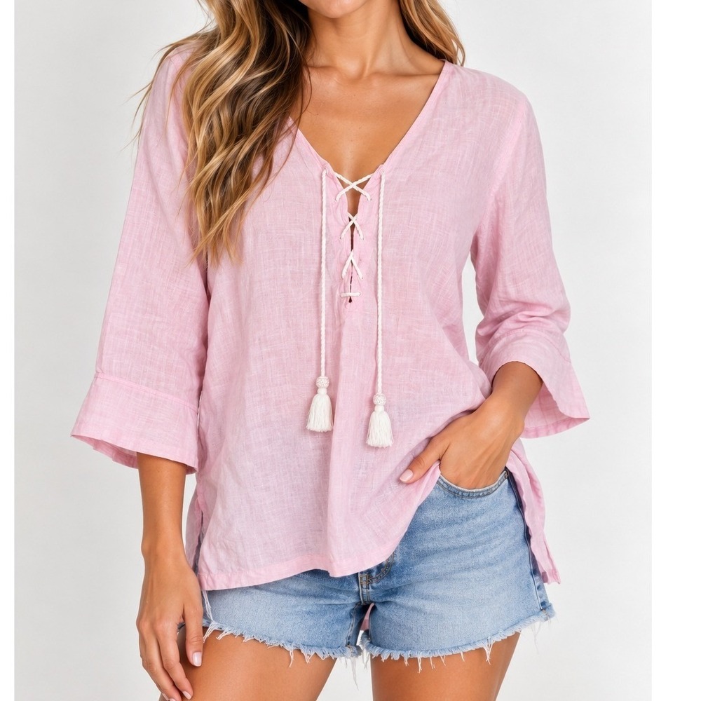 Tommy Bahama Linen Tassle Tunic Coastal Vacation Boho Resortwear Coquette Chic